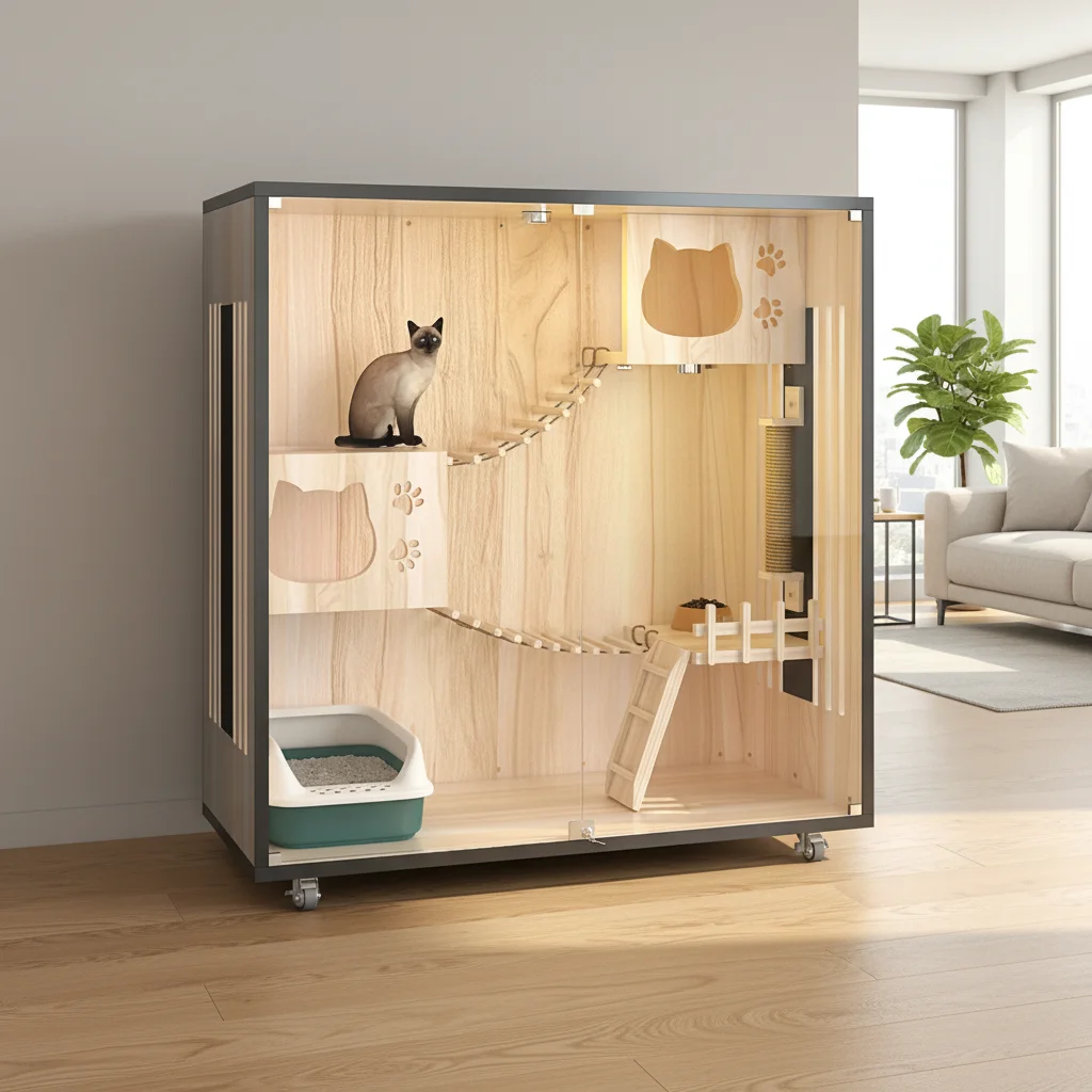

dh-Indoor Luxury Modern Cat Villa Animal Patterned Breathable Pet House with Wheels for Cats#
