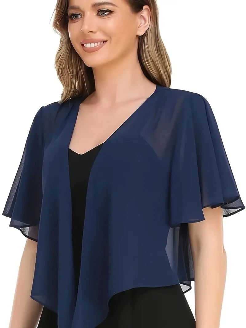 Verão 2025 top curto feminino chiffon macio com abertura frontal transparente cardigã curto de manga curta