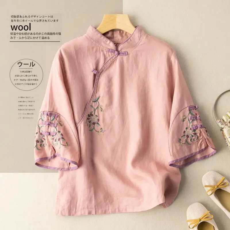 Chinese Tang Suit Shirt Cotton Linen Embroidery Blouse National Style Slim T-shirt Women Vintage Elegant Traditional Hanfu Tops