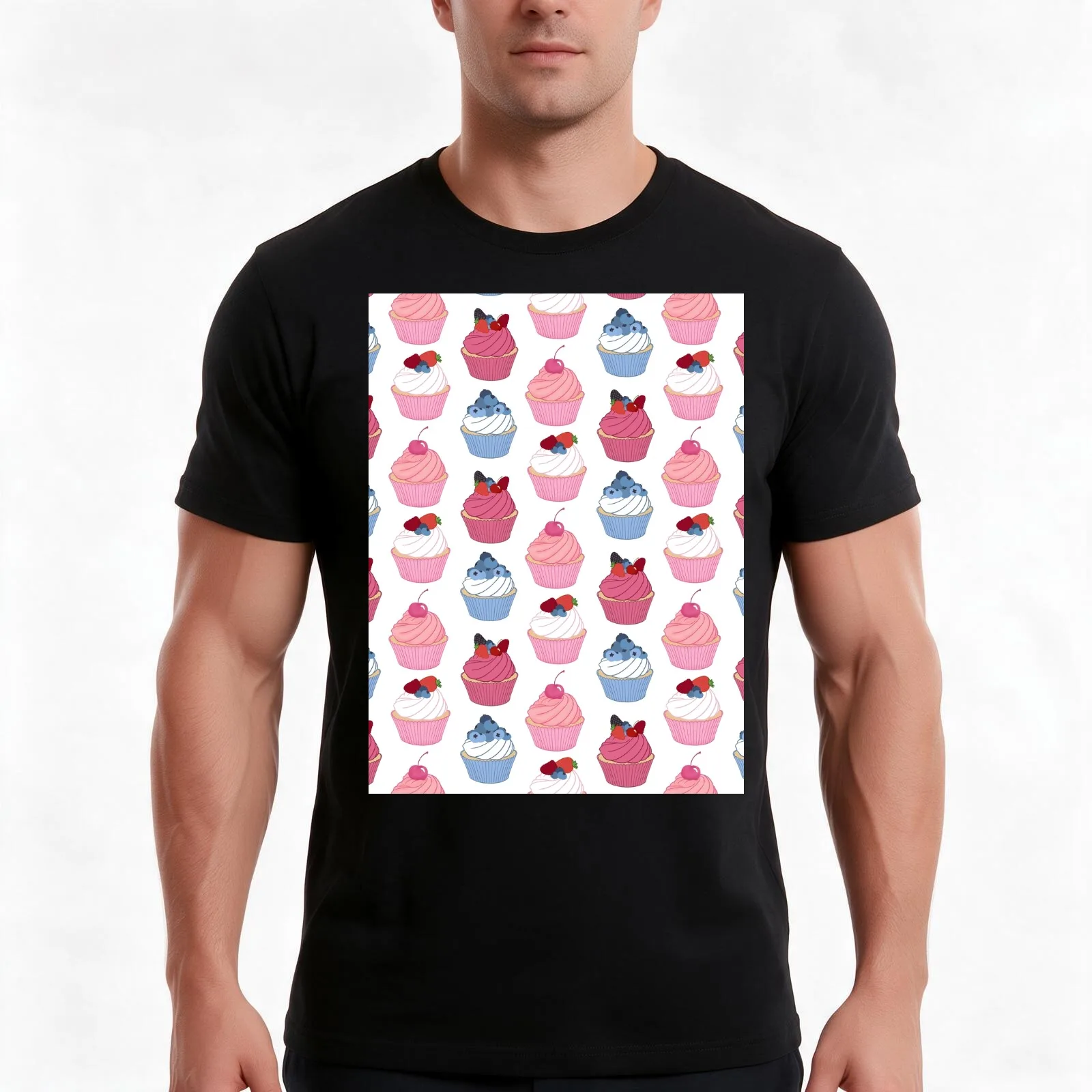 Cupcake flavoured pattern Cherry Strawberry Blueberry and Raspberry Fancy Cupcakes T-Shirt Summer Casual Cotton Tee