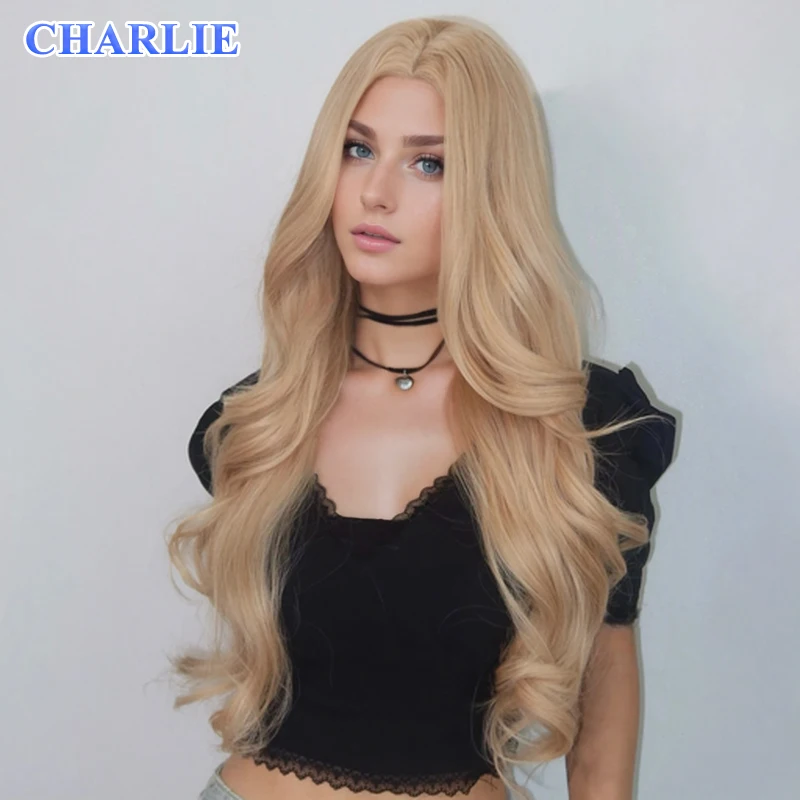 Natural HairLong Wavy Blonde Synthetic Wigs Hight Density for Women Light Golden Hairline Lace Front Wig  Daily Party Use