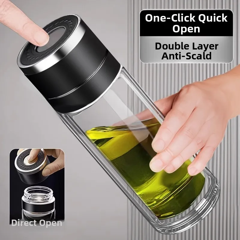 

Double Layer High Borosilie Glass Tea Cup Women's One Touch Open Cover Car Mounted Brewing Cup Modern Simple Sle Water Cup