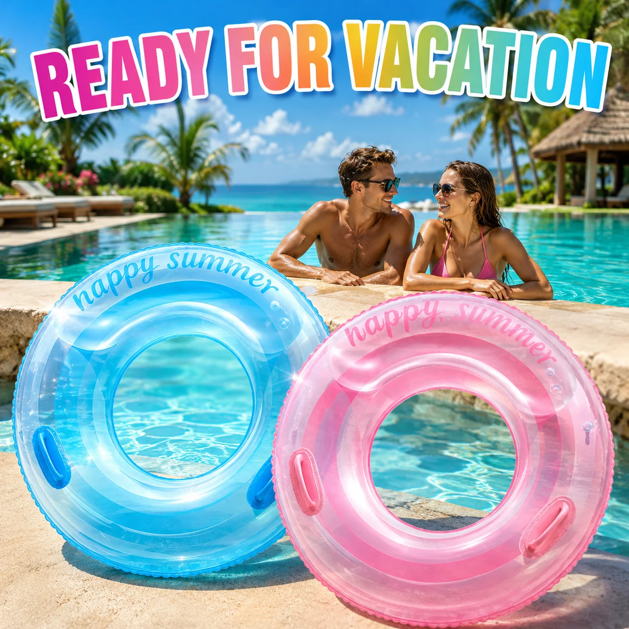 1PC Adult Inflatable Swim Ring with Handles Gradient Transparent Pool Float Tube Happy Summer Pattern Water Float for Beach Lake
