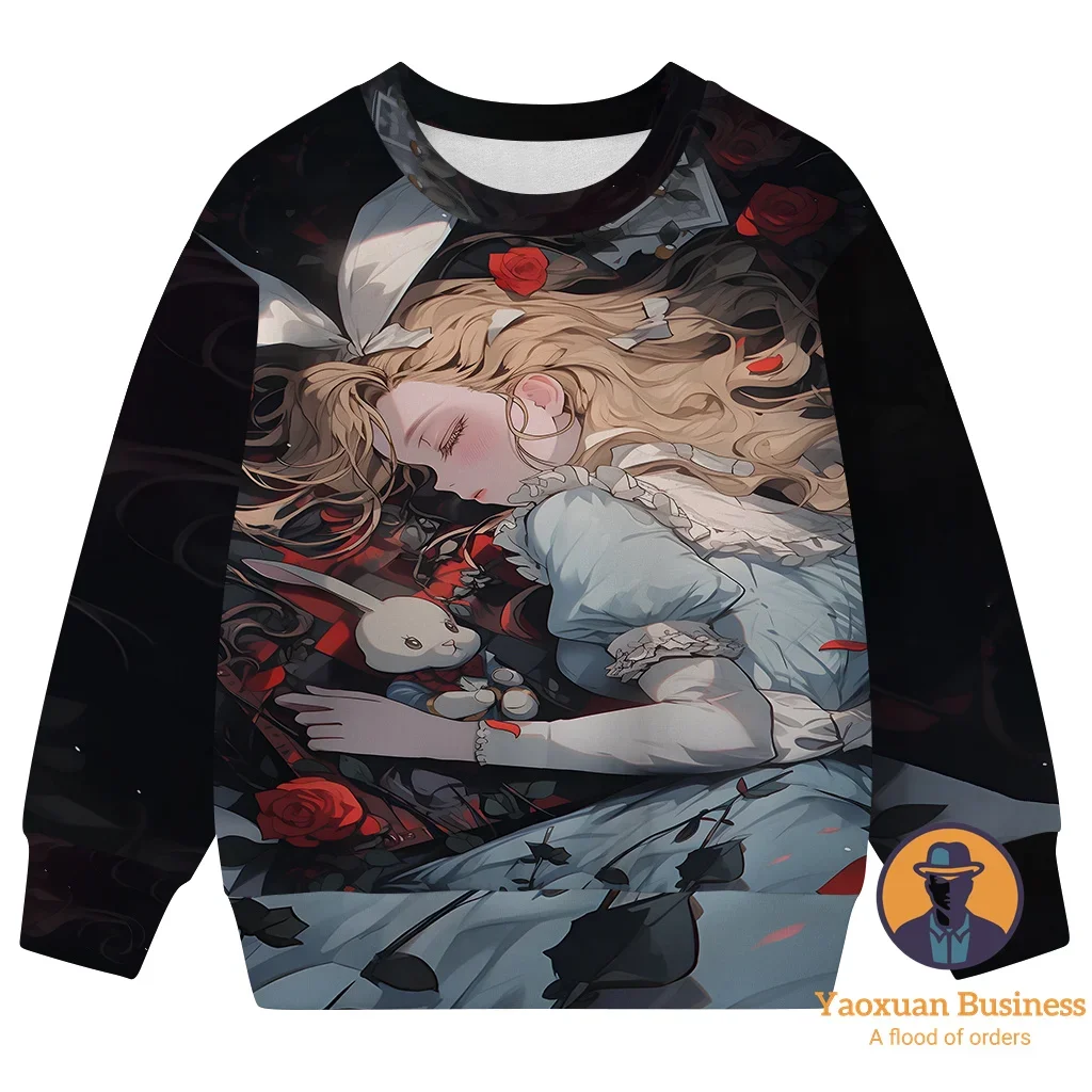 

2025 Hot Sale White Alice In Wonderland Children Boys Girls 3D Cartoon Printed Crew Neck Sweatshirt Cute Warm Windproof Autumn
