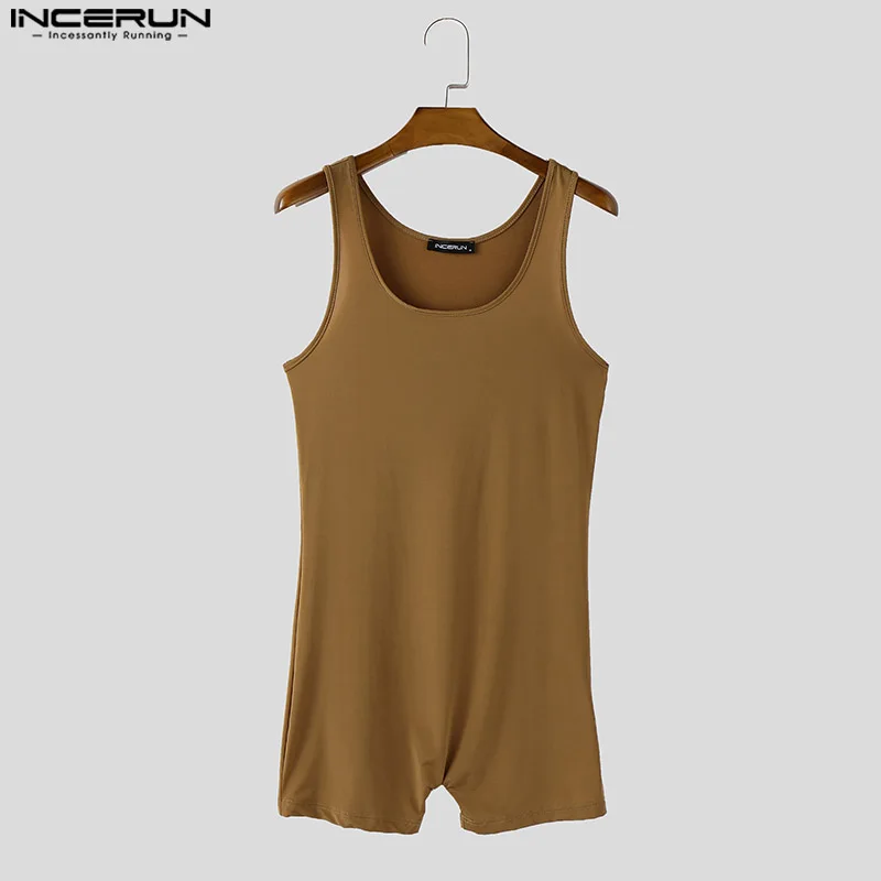 Body para hombre de Color sólido con cuello redondo, peleles ajustados sin mangas, monos sexis para hombre, traje de entrenamiento INCERUN informal para hombre, ropa de casa