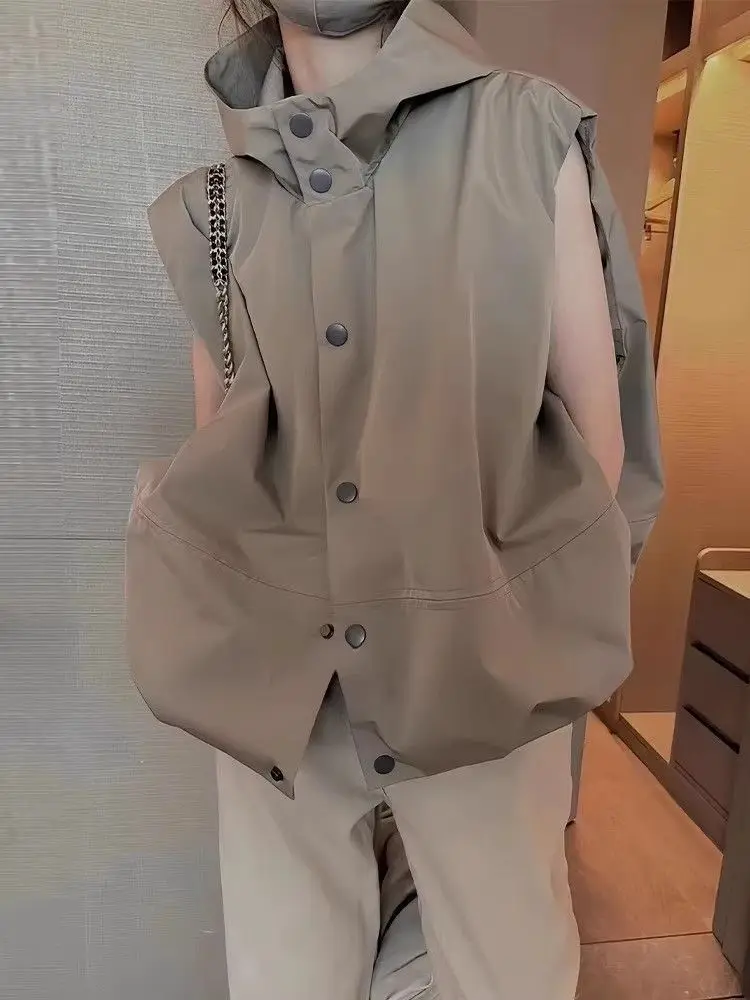 

Повседневный жилет с капюшоном, женская рабочая одежда, модный весенне-осенний жилет из полиэфирного волокна, раскладка на одной пуговице...