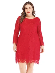 Plus Size Lace Party Dress Woman Summer Long Sleeve Lace Hollow Out Floral Sexy Eveing Club Bodycon Short Mini Dresses