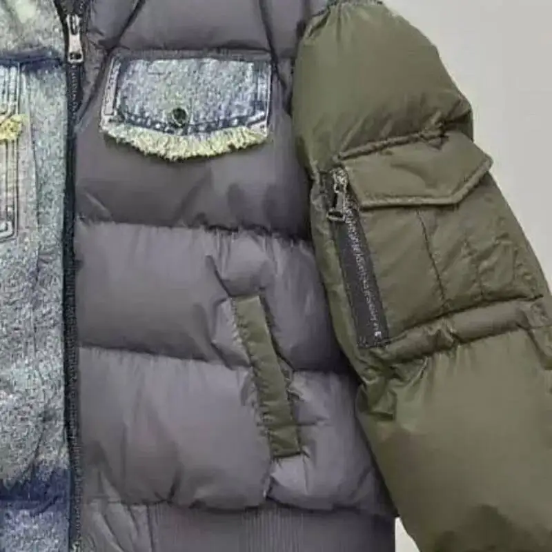 ANJY Autumn Winter New Women European Trendy Padded Coat Heavy-Duty Denim Patchwork Pocket Color-Block Hooded Down Jacket A12508