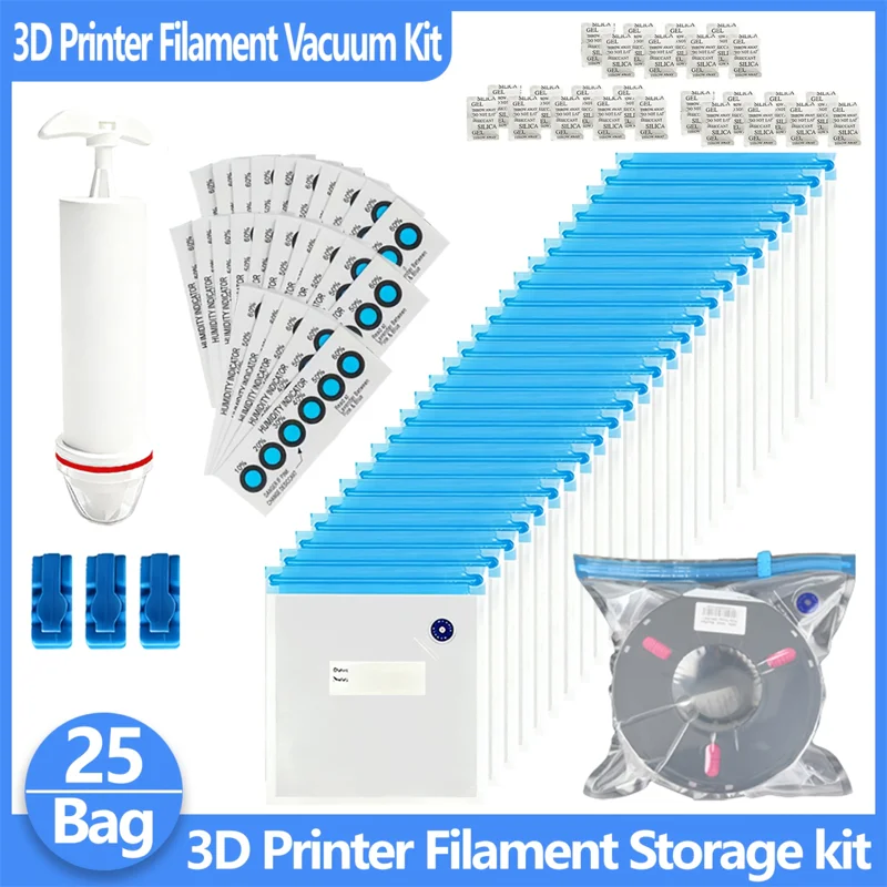 أكياس مانعة للتسرب لخيوط الطابعة ثلاثية الأبعاد - مجموعة مع مشبك إغلاق وحزم مجففة ومضخة يدوية وبطاقة مؤشر الرطوبة