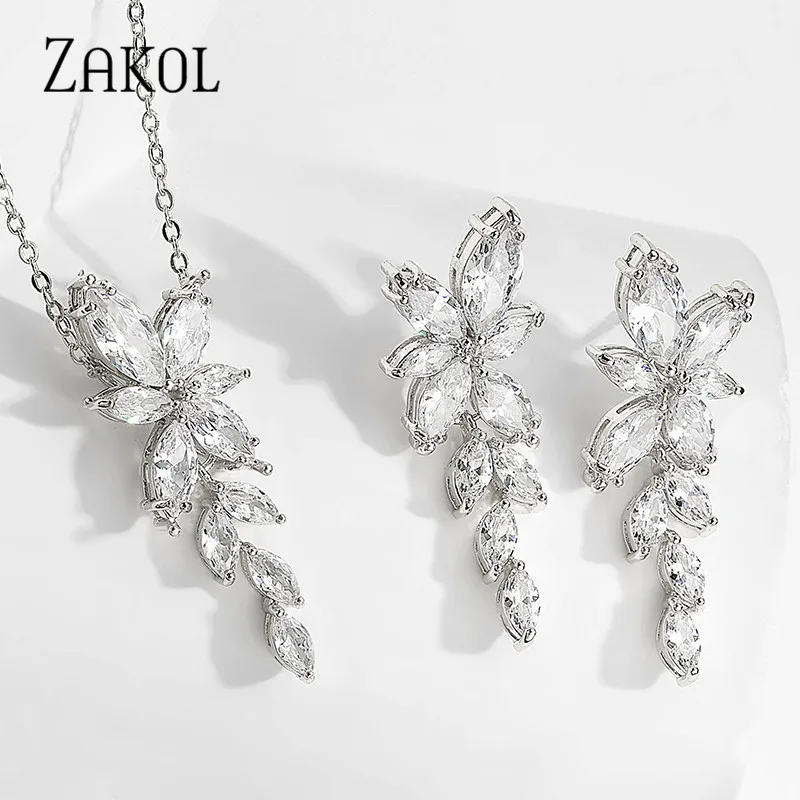 ZAKOL Fashion Cubic Zirconia Leaf Earrings Necklace Set for Women Elegant Sliver Color Bridal Wedding Party Jewelry Dress SP3064