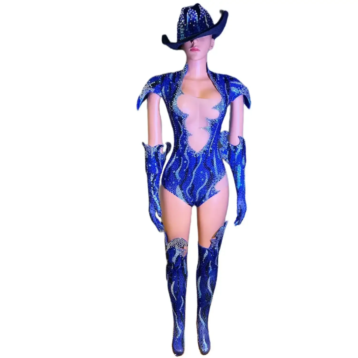 

Women All Set Shinning Bodysuits Rhinestone Dance Costume with Hat Party Halloween Party Wear Celebrity Drag Queen Wear Fangao