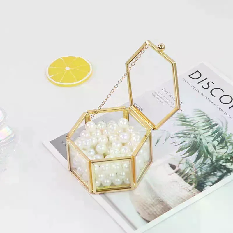 

High-end Hexagonal Ring Box Gold And Jewelry Accessory Box Golden Glass Luxurious And Retro Jewelry Storage Box