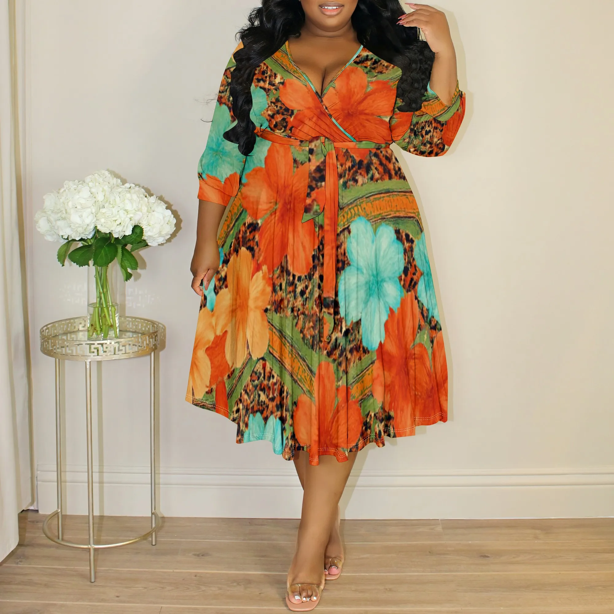 

"Plus Size Floral Wrap Dress (XL-6XL) – Elegant Rose Pattern for Spring & Summer Gatherings, Perfect for Mother's Day"