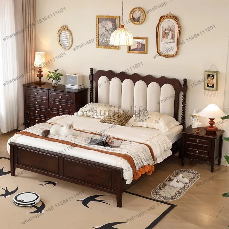 Solid Wood Black Walnut Color double Bed Bedroom High Box Bed