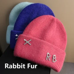 Winter Warm Rabbit Fur Knitted Hat Diamonds Letter Beanies Hats For Women Famous Brand Lady Casual Bonnet Skiing Cap