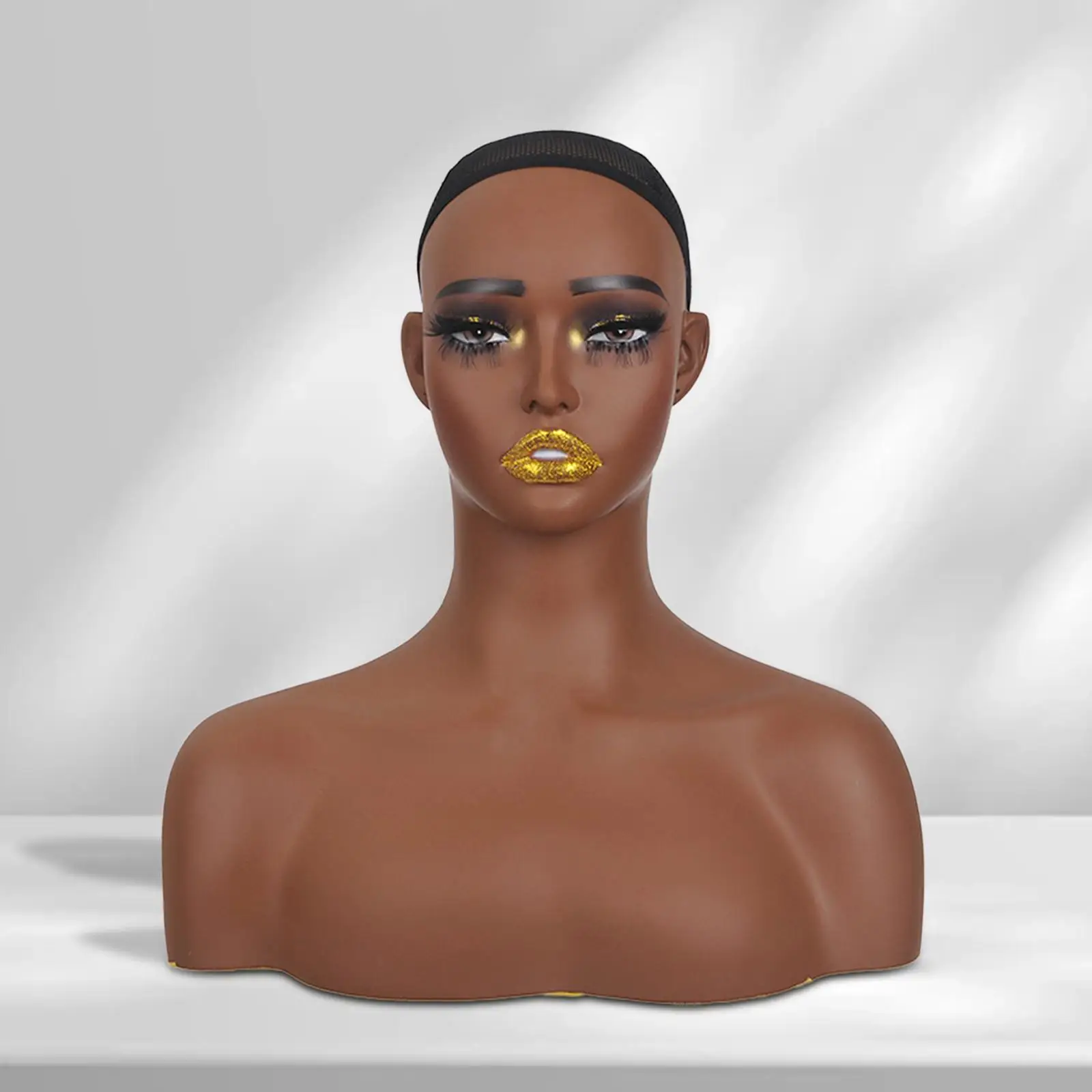 رأس عارضة أزياء أنثى واقعية مع كتف متعدد الوظائف رف شاشة القبعة القزم PVC رئيس شعر مستعار عرض نموذج للمجوهرات