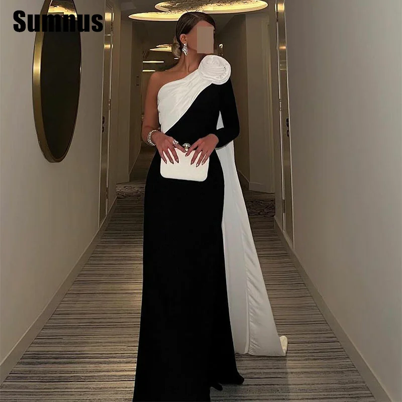 SUMNUS-vestido de fiesta de sirena blanco y negro, vestidos de fiesta elegantes de un hombro, vestidos formales hasta el suelo con tren personalizado