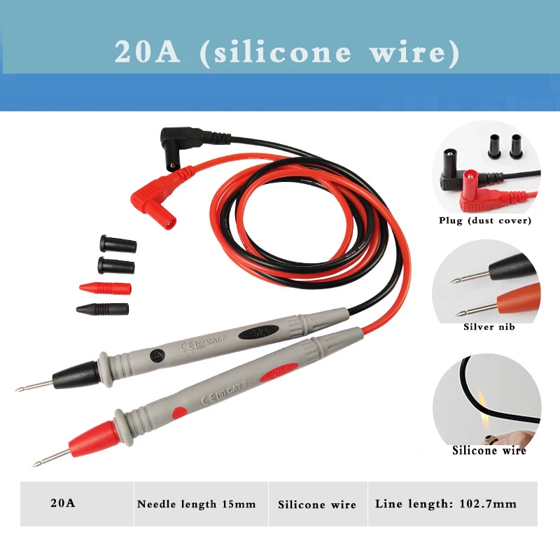 2PCS 20A/1000V Multimeter Test Leads Cable Leads Kit Test Probes Silicone Cable Suitable For Universal Multimeter