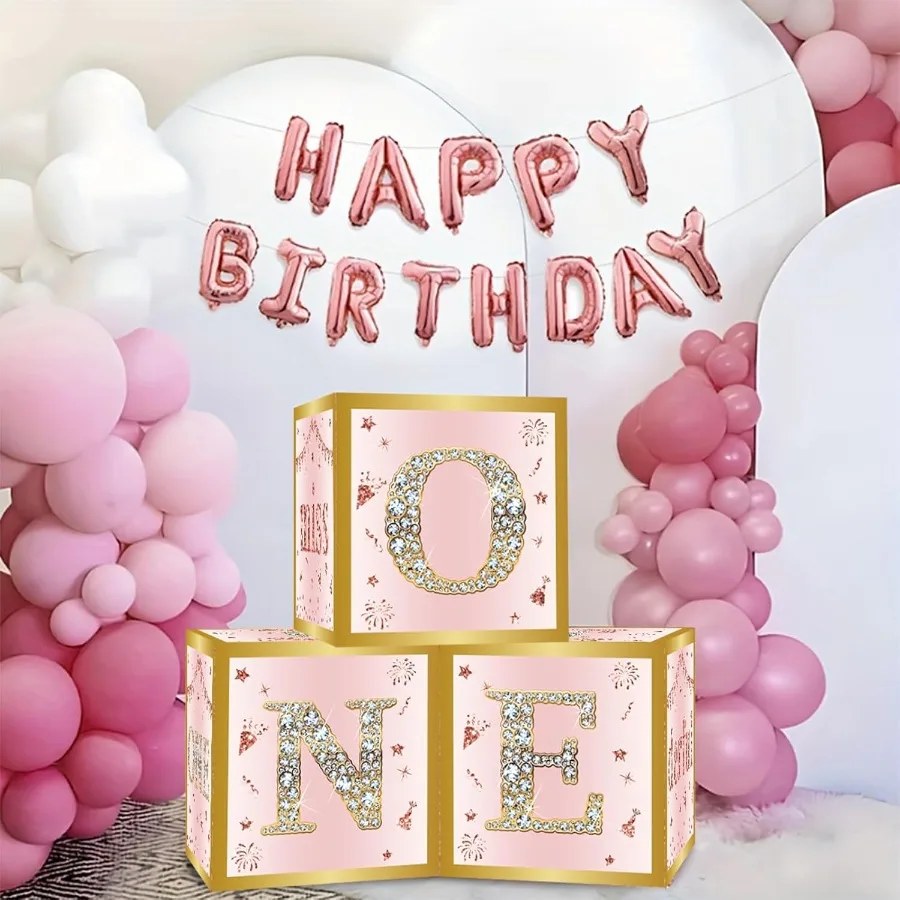 아기 여자아이 첫 생일 장식 박스 3개 세트 핑크 로즈 골드 원더풀 핏 생일 풍선 박스 한 살 생일 축하