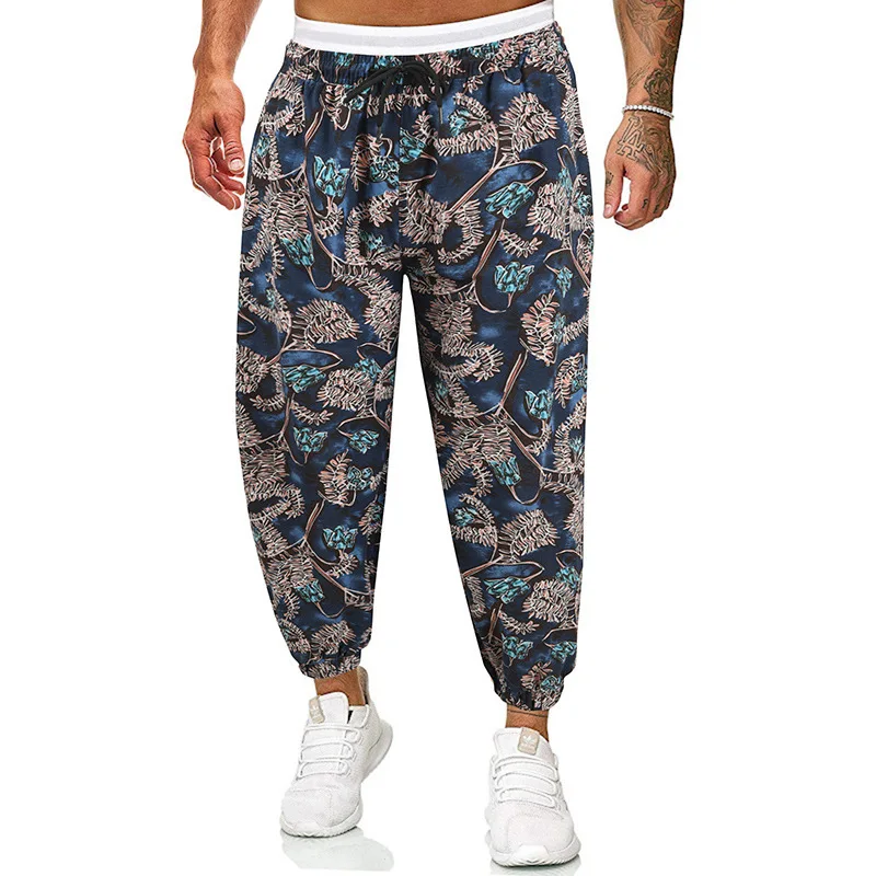 Pantaloni da Yoga da uomo pantaloni a vita media a contrasto di colore moda pantaloni larghi larghi in lino di cotone Casual