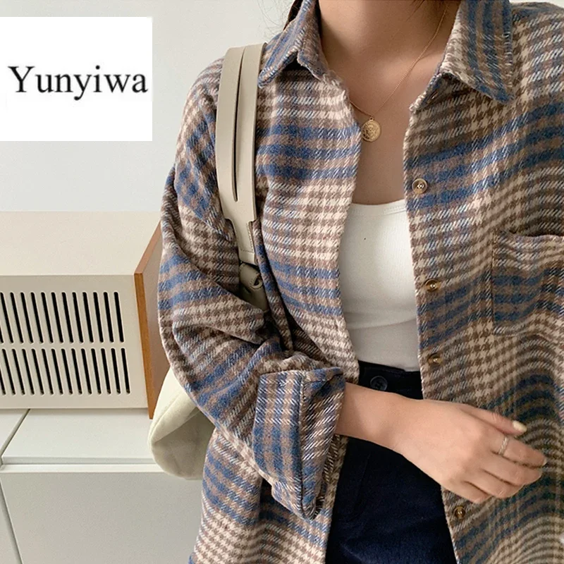 Winter Women Vintage Oversize Woolen Plaid Shirt Pockets Batwing Sleeve Turn-Down Collar Thick Blouse Autumn Casual Warm Outwear