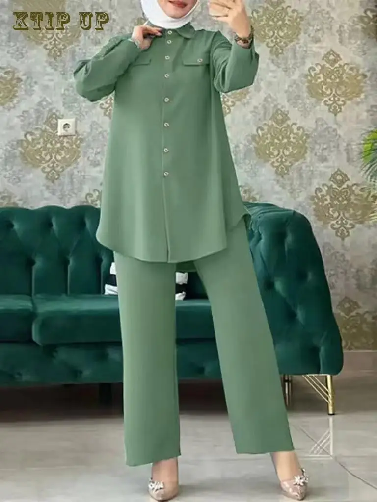 Elegant Full Sleeve Shirts and Wide Leg Pants Set for Women, Urban Tracksuits, Elegant Pant Sets, Turkish Blouse, Arab Fashion