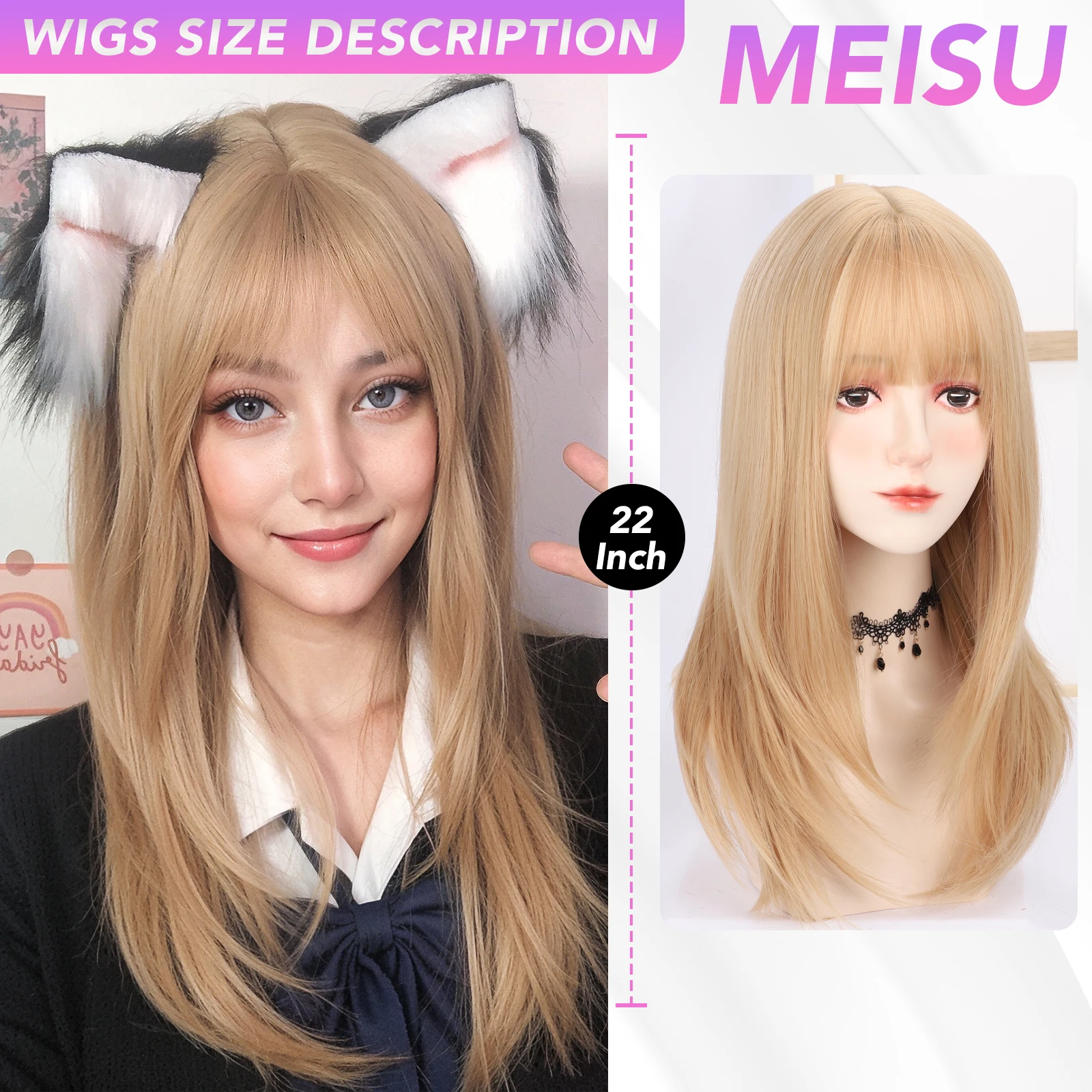 MEISU 22 Inch Long Straight Bangs Wig Fiber Synthetic Wig Heat-resistant Non-Glare Natural Cosplay Hairpiece For Women Daily Use