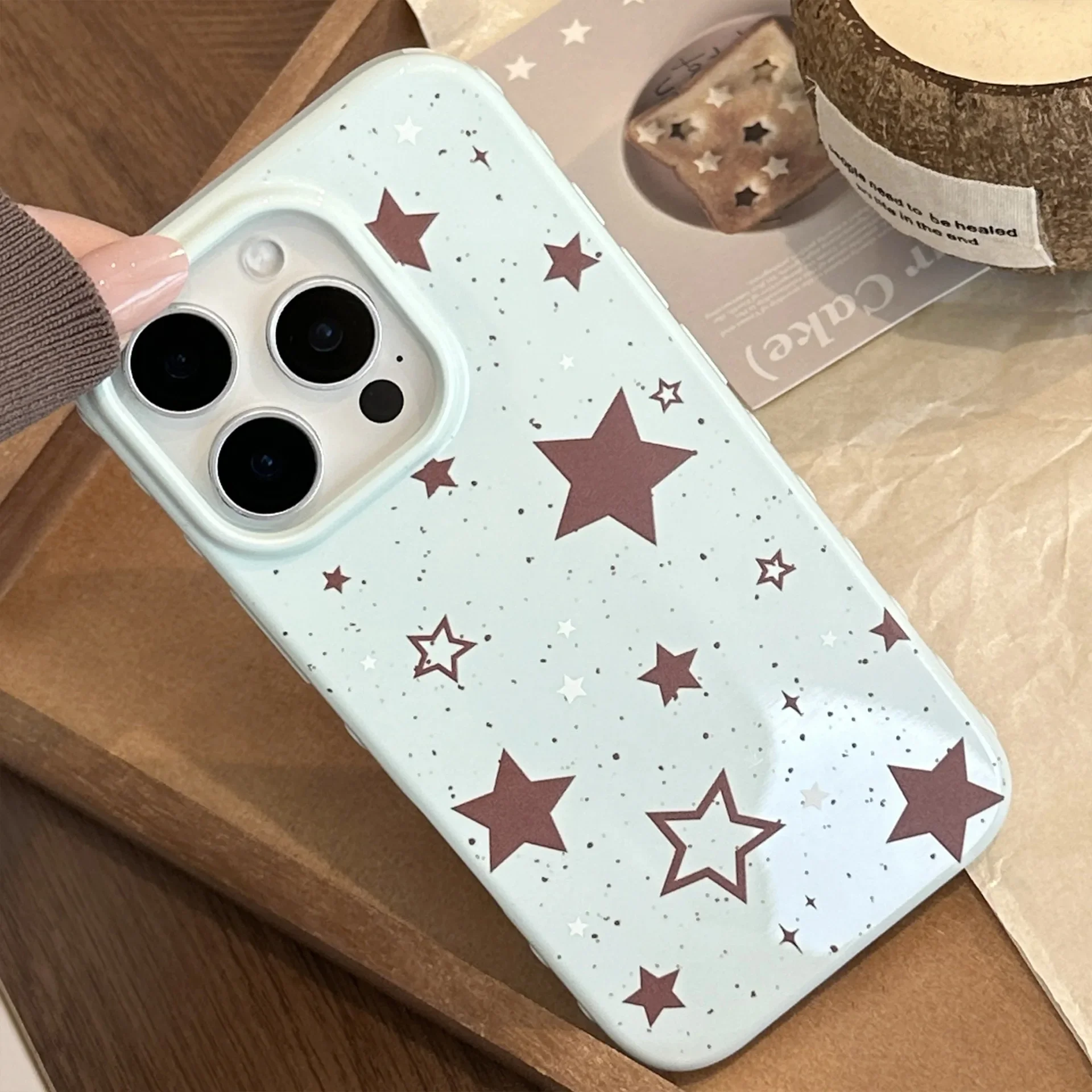 Korean Full Screen Splash-ink Brown Stars Soft Phone Case For iPhone 17 16 15 14 13 12 Pro Max Y2K Shockproof Protective Cover