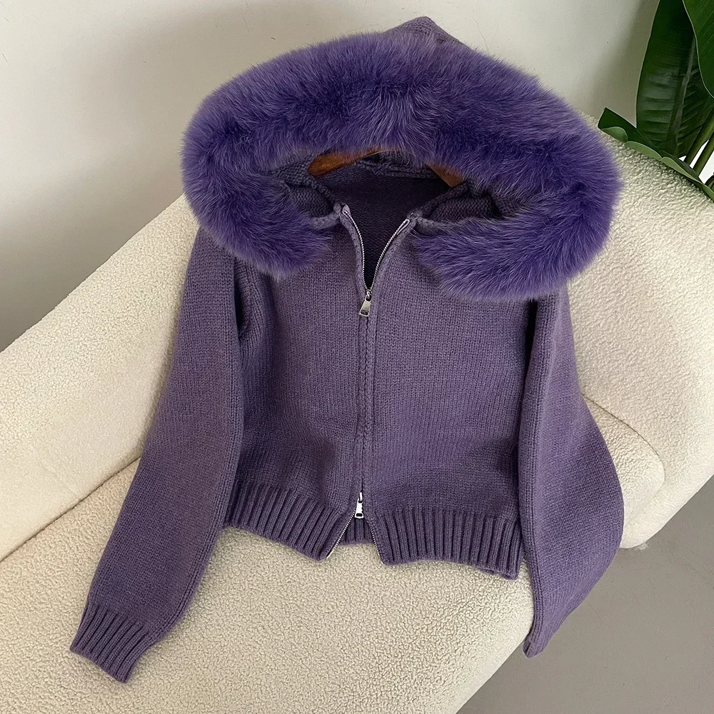 Hooded Real Fox Fur Collar Cardigan Natural Fur Coat for Women Casual Fashion Short Knitted Jacket 2024 Fashion Autumn Winter