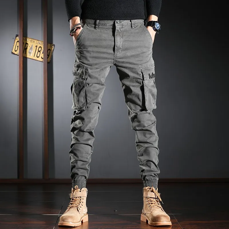 

Streetwear Fashion Men Jeans Khaki Color Big Pockets Casual Cargo Pants Hombre Embroidery Designer Hip Hop Joggers Men Overalls