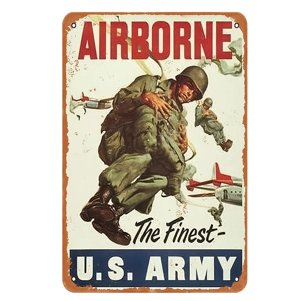 , Sinal de metal aerotransportado do exército dos EUA da segunda guerra mundial vintage – Arte de parede de ferro à prova d'água e à prova de poeira com paraquedista "O melhor exército"