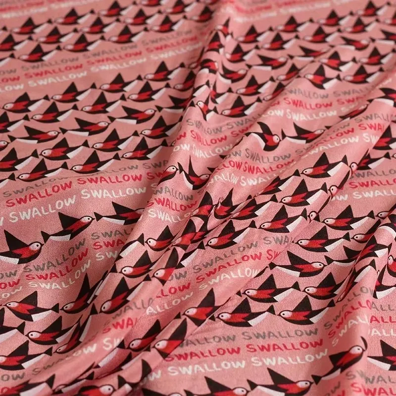 Redraspberry 12momme Pink Swallows Printed Crepe De Chine Silk Garment Materials Summer Women Shirt Sewing Clothes Freeshipping