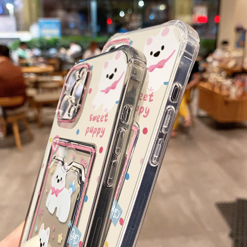 Transparent Card Slot Bag Holder Phone Case For iPhone 13 15 16 11 17 12 14 Pro Max XR XS X 7 8 Plus SE Cartoon Cute Dog Cover