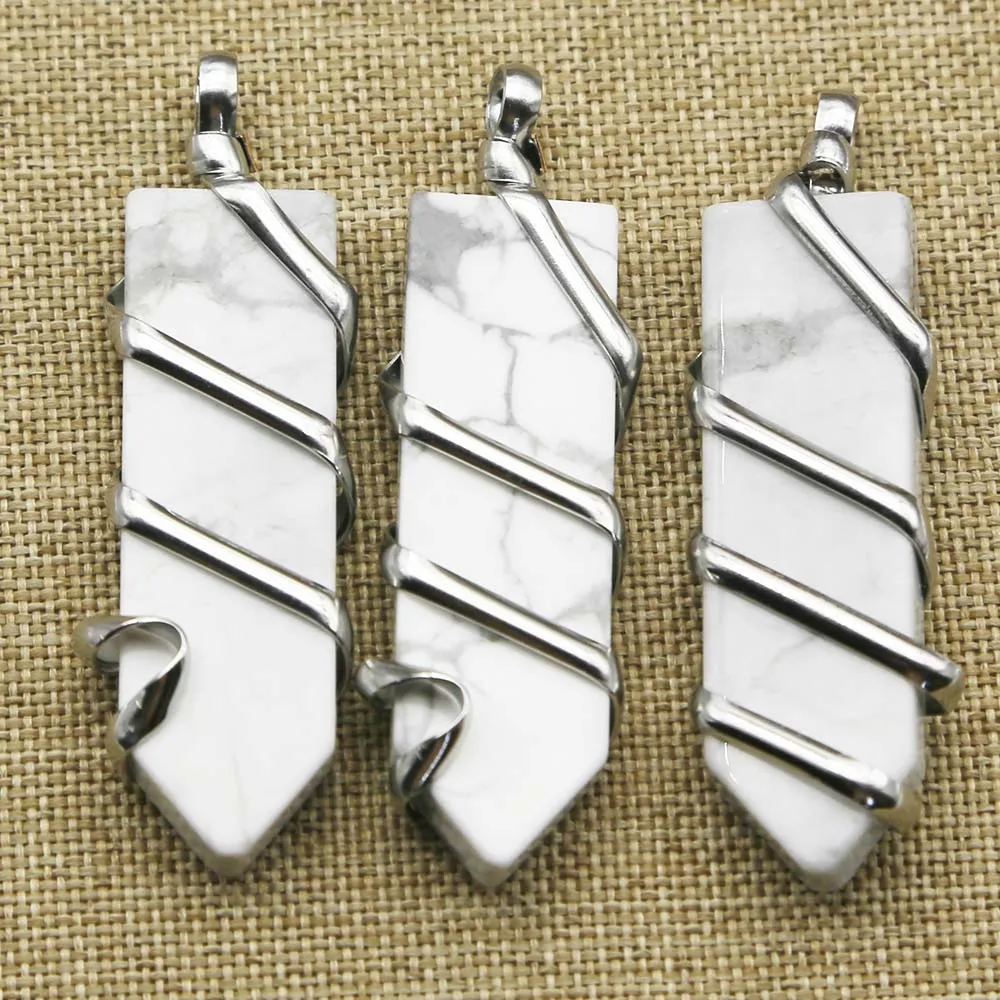 Natural White Turquoise Stone Hand Wound Silver Thread Arrow Necklace Pendant Healing Fashion Charm Jewelry Gift Accessorie 4Pcs