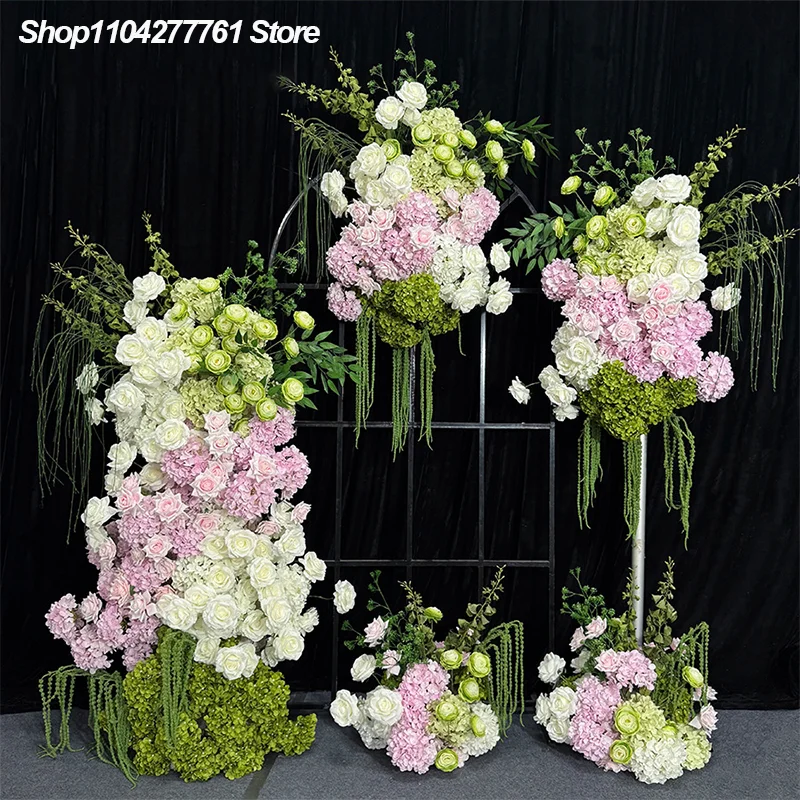 Grün-rosa-weiße Hortensien-Rosen-KT-Platten-Hängepflanze, Hochzeits-Hintergrunddekoration, Blumenarrangement, Event-Requisiten, Bodenblume für den Gang. – Detail 5