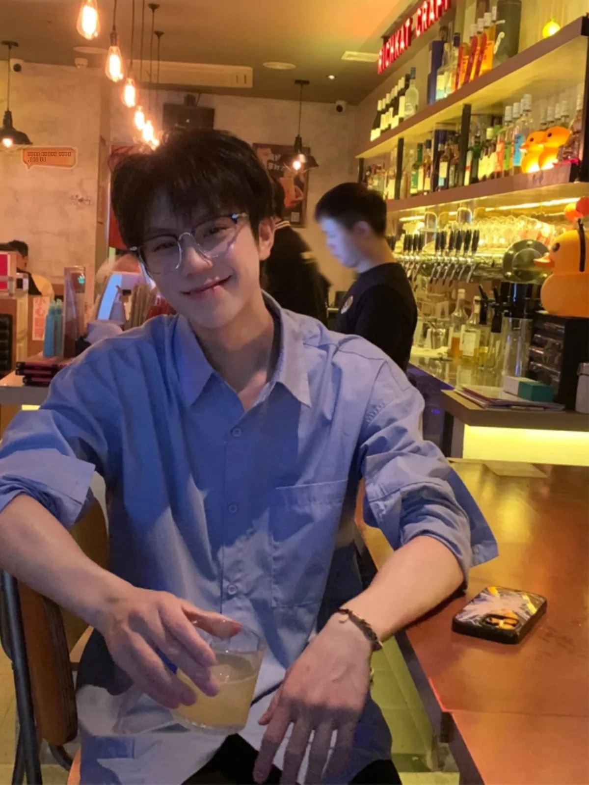 

Spring Blue Long Sleeve Men's Shirt Korean Style Fashionable Youthful Feel Top High-End Feeling Casual Wear Polyester Fiber