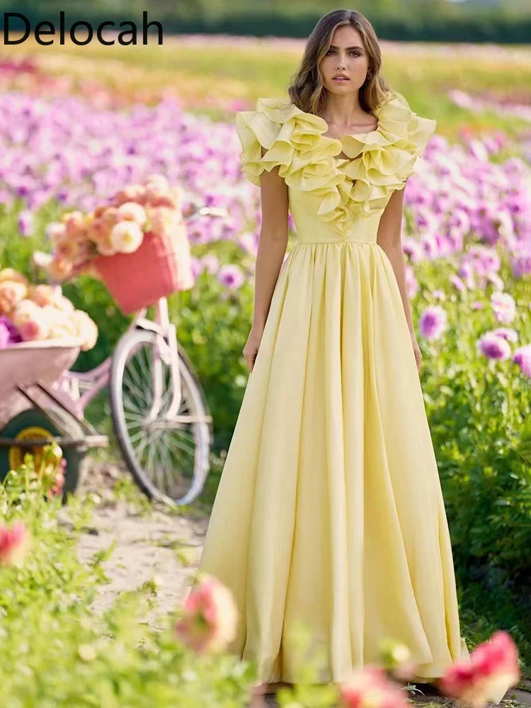 

Delocah Fashion Designer Summer Women's Long Dresses Flare Sleeve Sashes Solid Yellow Elegant Office Lady Empire A-LINE Dress