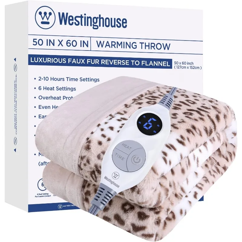 Westinghouse Heated Throw Blanket, Leopard Electric Throw Blanket, Luxury Faux Fur to Flannel Reversible