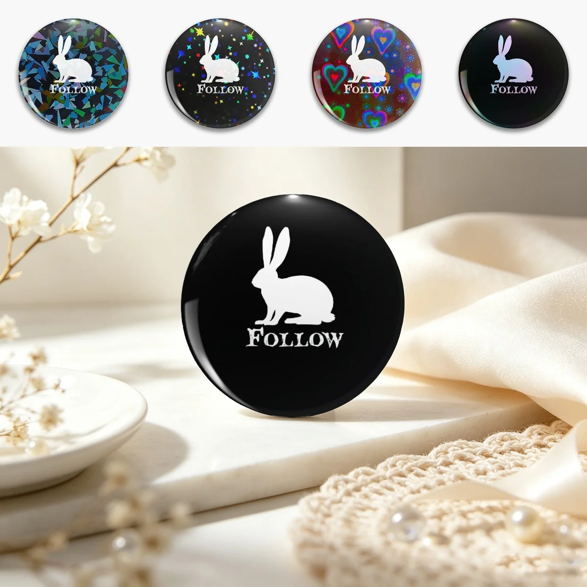 Follow The White Rabbit Pin Holographic Star Heart Pin Brooches Laminated Button Fashion Accessory