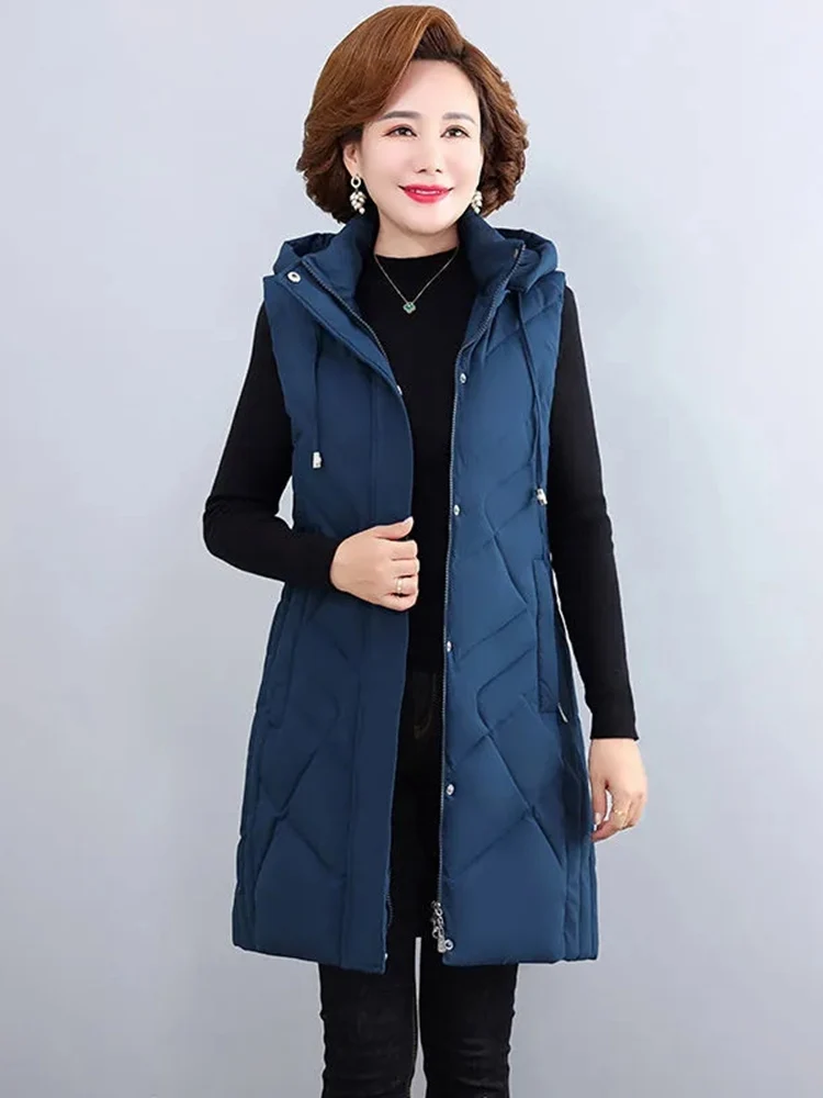 Middle-aged Mother Winter Down Cotton Vest Jacket Women Thick Parka Hooded Sleeveless Jacket Coat Female Long Waistcoat