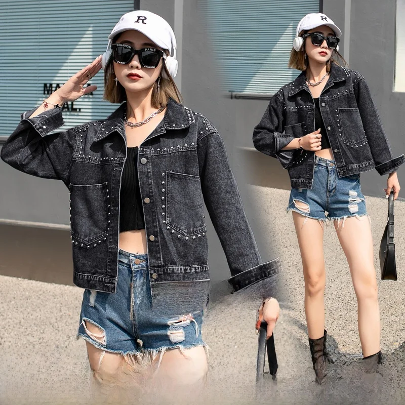 

Heavy Embellied Denim Jaet for Women Loose Fit Spring Autumn Collar Button Detail ort Length Casual Sle