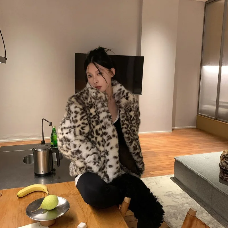 Fashion Leopard Print Faux Fur Coat for Women Luxury Turn-down Collar Long Sleeve Chic Jacket Female 2024 Autumn Winter Outwear