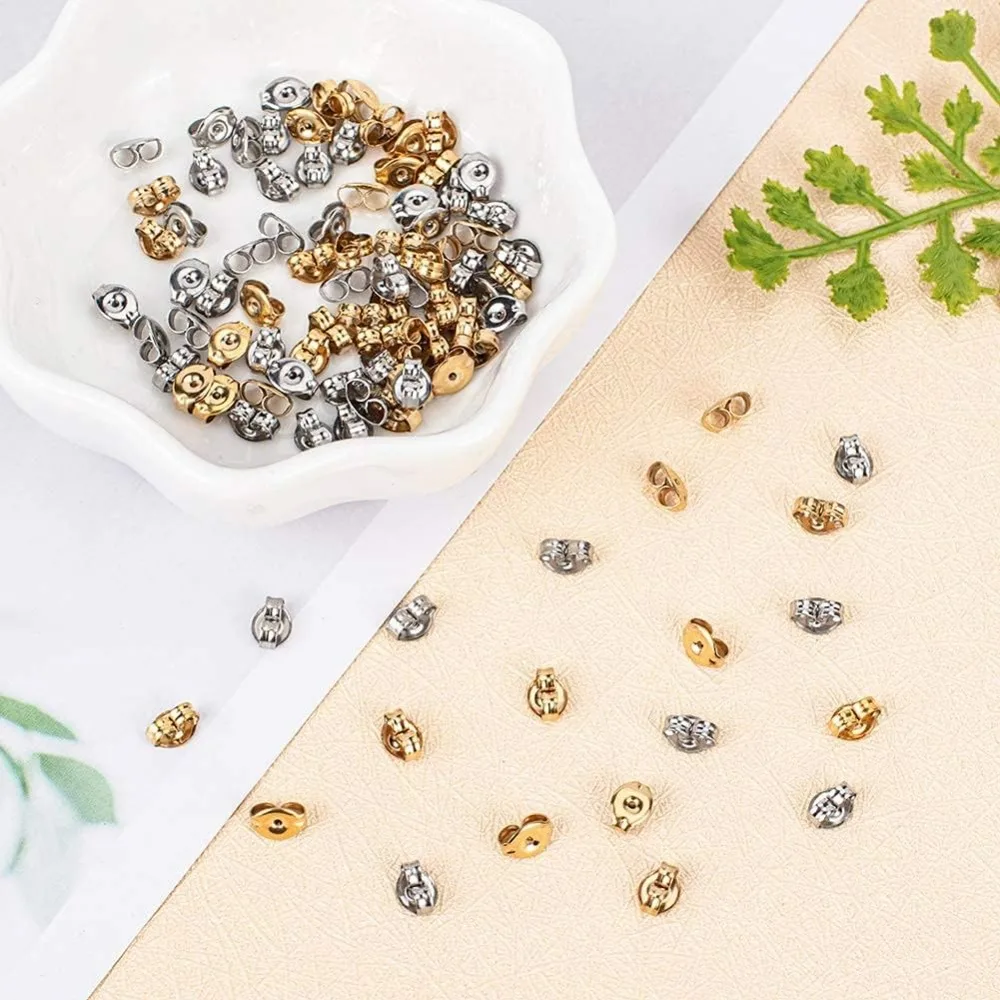 100pcs 2 Colors Ear Nuts 304 Stainless Steel Earring Backs Nut Golden & Stainless Steel Color Earnut Clasp Stopper Butterfly