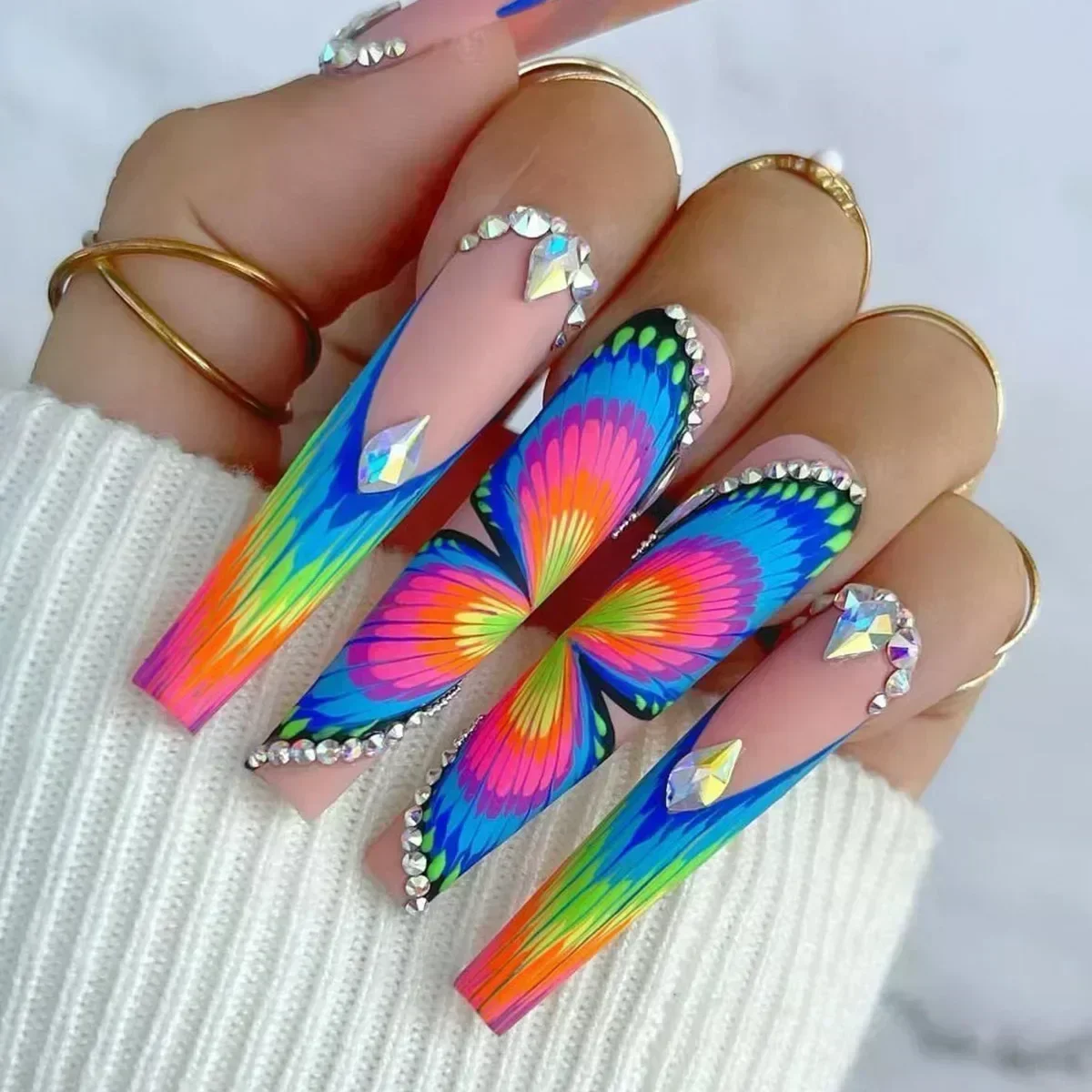 24Pcs Wearable Colorful Butterfly Designs French Press on Nails Long Ballet False Nails with Rhinestone acrylic Fake Nails tips