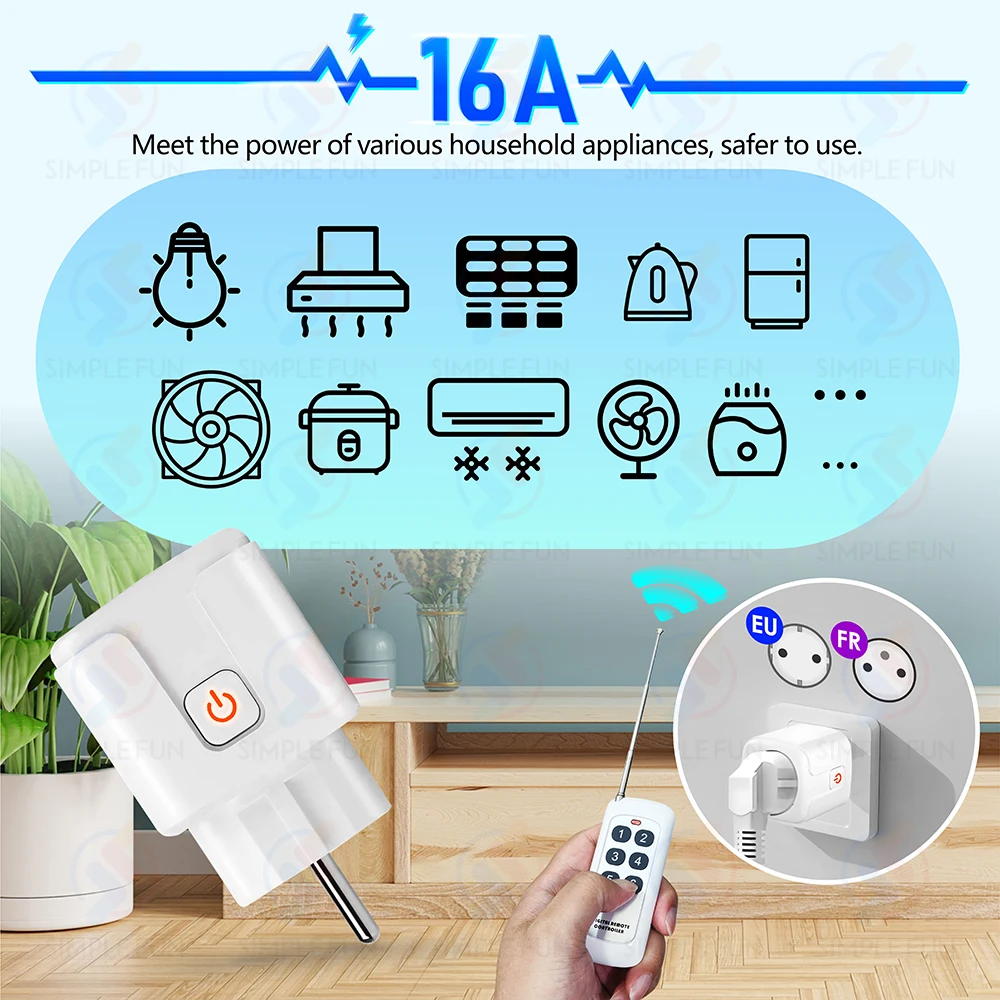 Wireless Remote Control Socket Switch 230V 220V 16A EU Plug 433mhz 500 Meters Range Transmitter Electrical Outlet for Fan Light