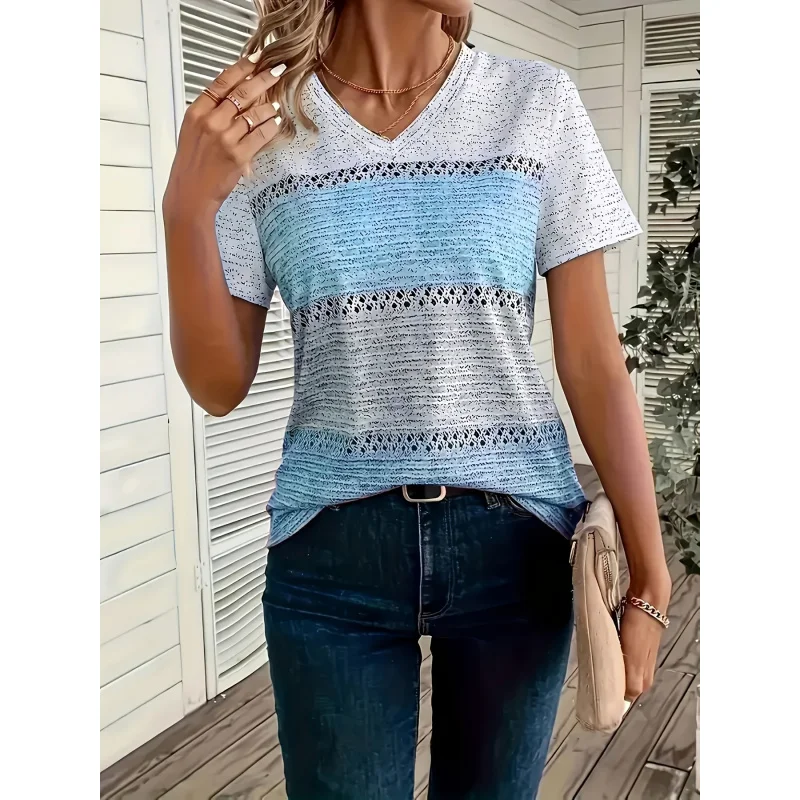 

Women's Casual Top - Stretch Short Sleeves, Fashionable Color Block and Floral Print, Easy-Care