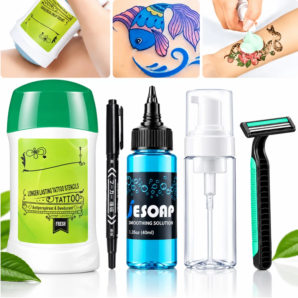 Temporary Tattoo Transfer Tool with Tattoo Transfer Cream Gel Blue Soap Solution Markers with Foaming Bottle Kit Tattoo Supplies
