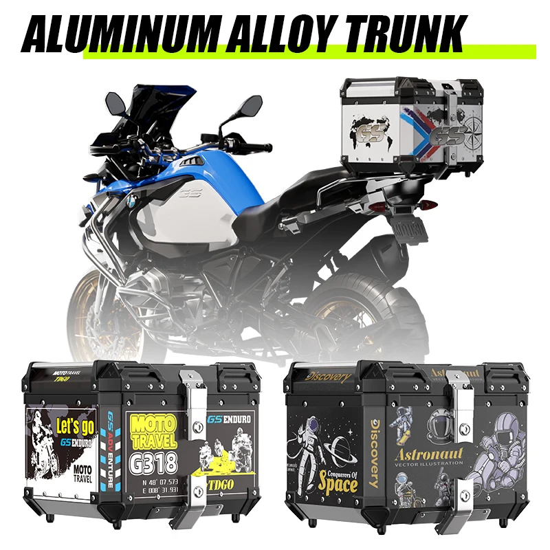 

Универсальный багажник для мотоцикла, вместительный ящик для хранения инструментов и стикеров, из алюминиевого сплава, 45 л, 56 л, 65 л