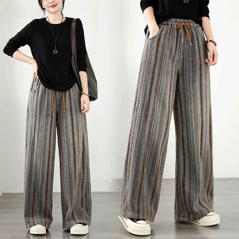 New plus Size Flocking Denim Wide Leg Pants Elastic Loose Slimming Casual Versatile High Waist Long Trousers Autumn Cotton Po...