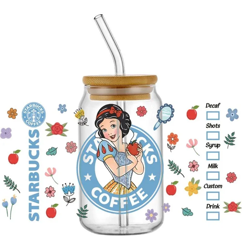 

Hot Sale 3D Cartoon Princess Decal High-Quality Wraps 16oz Glass Cup UV DTF Wrap Transfer Sticker Custom Labels DIY Logo Gift